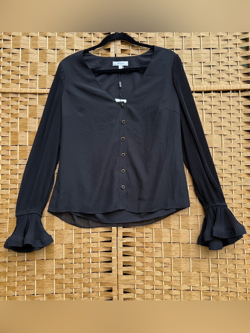 Milly Black V-Neck Button Front Blouse Pleated Ruffle Sleeves Women’s Medium NWT